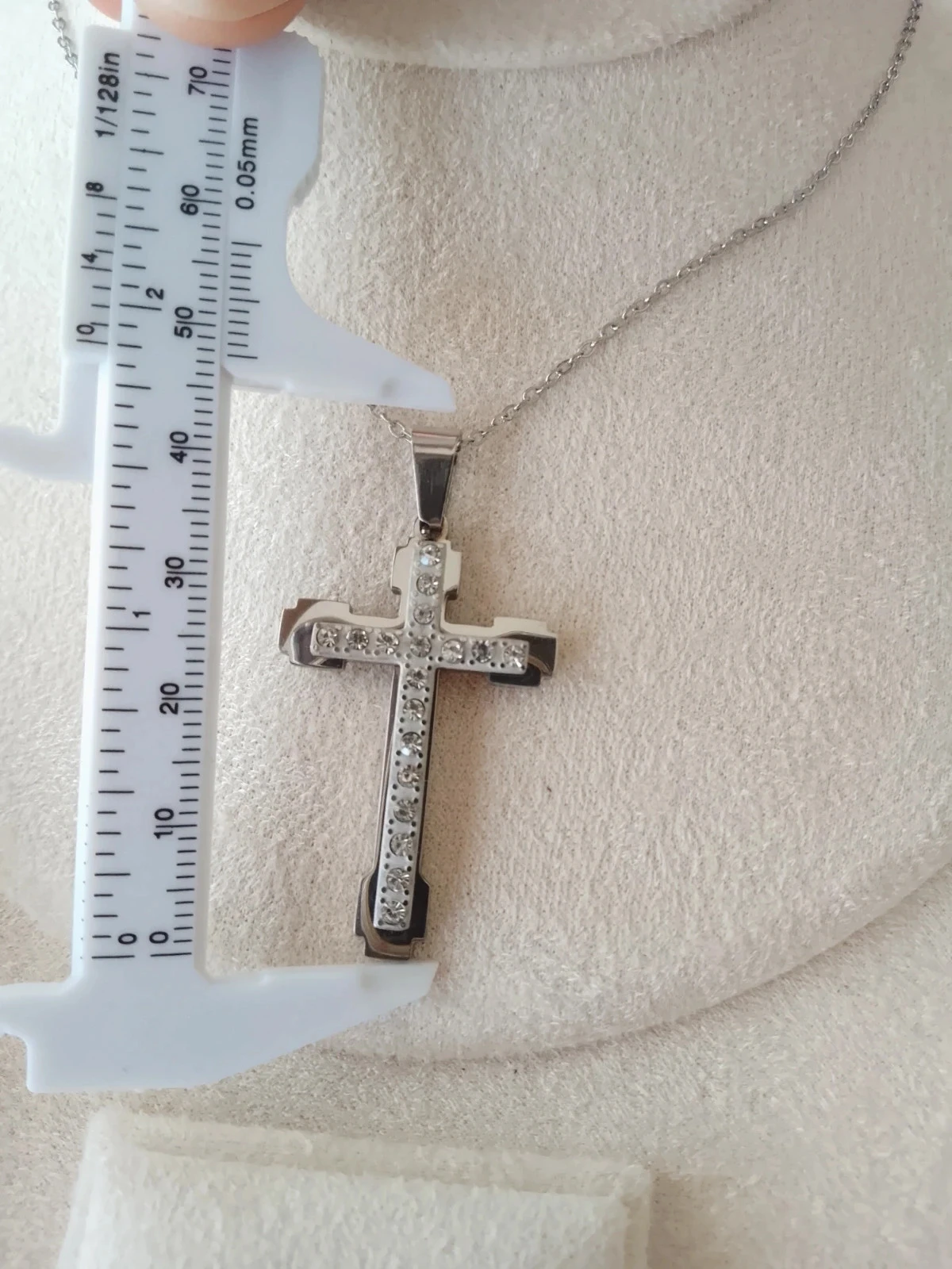 Silver stainless steel cross necklace with zircons – photo 2